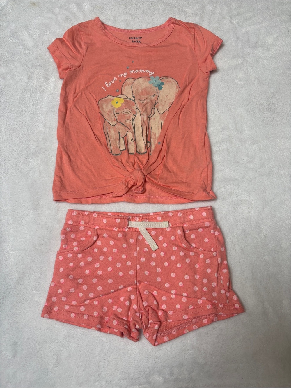Carter's Coral Elephant Knot Tee & Polka Dot Shorts Set